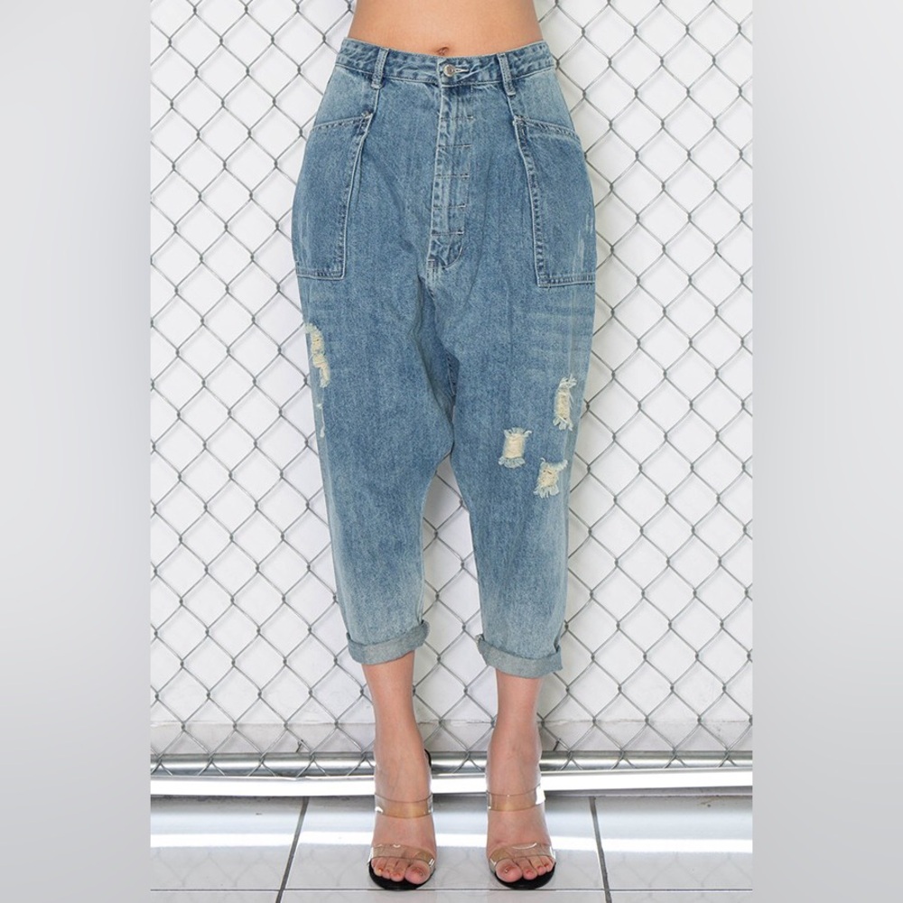 Blue Distressed Denim Boyfriend Jeans